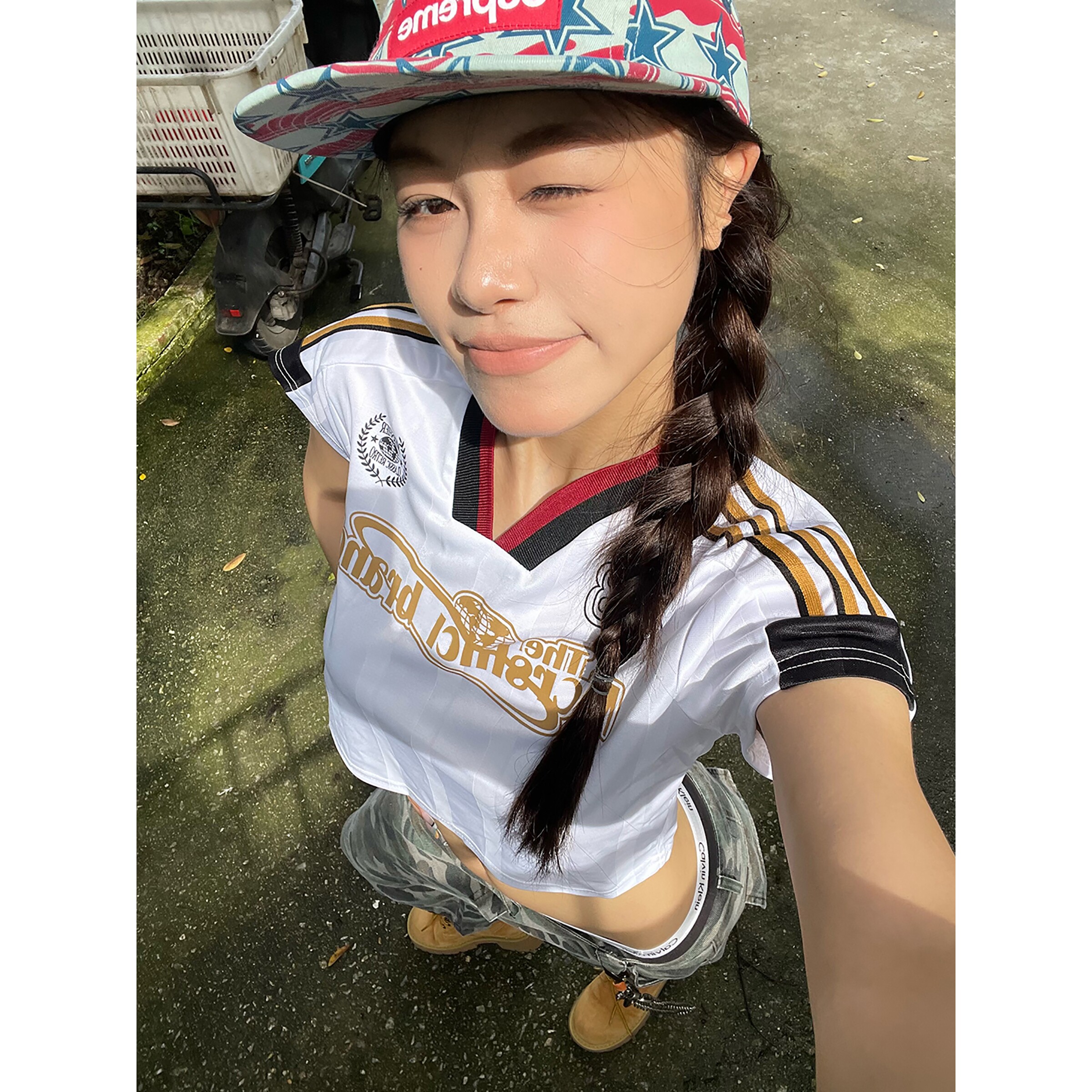 日本offcat辣妹条纹jennie同款拼接运动短袖T恤球衣露脐短款上衣