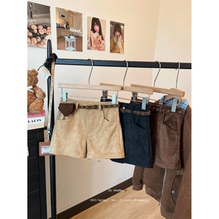 日本offcat复古麂皮绒咖色短裤女秋季辣妹高腰休闲阔腿靴裤小个子