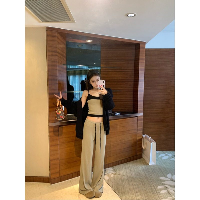 日本offcat慵懒风黑色毛衣外套女秋季内搭条纹背心抽绳垂感长裤三