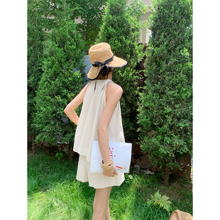 日本offcat老钱风天丝亚麻小套装女2025夏季小个子无袖挂脖上衣短