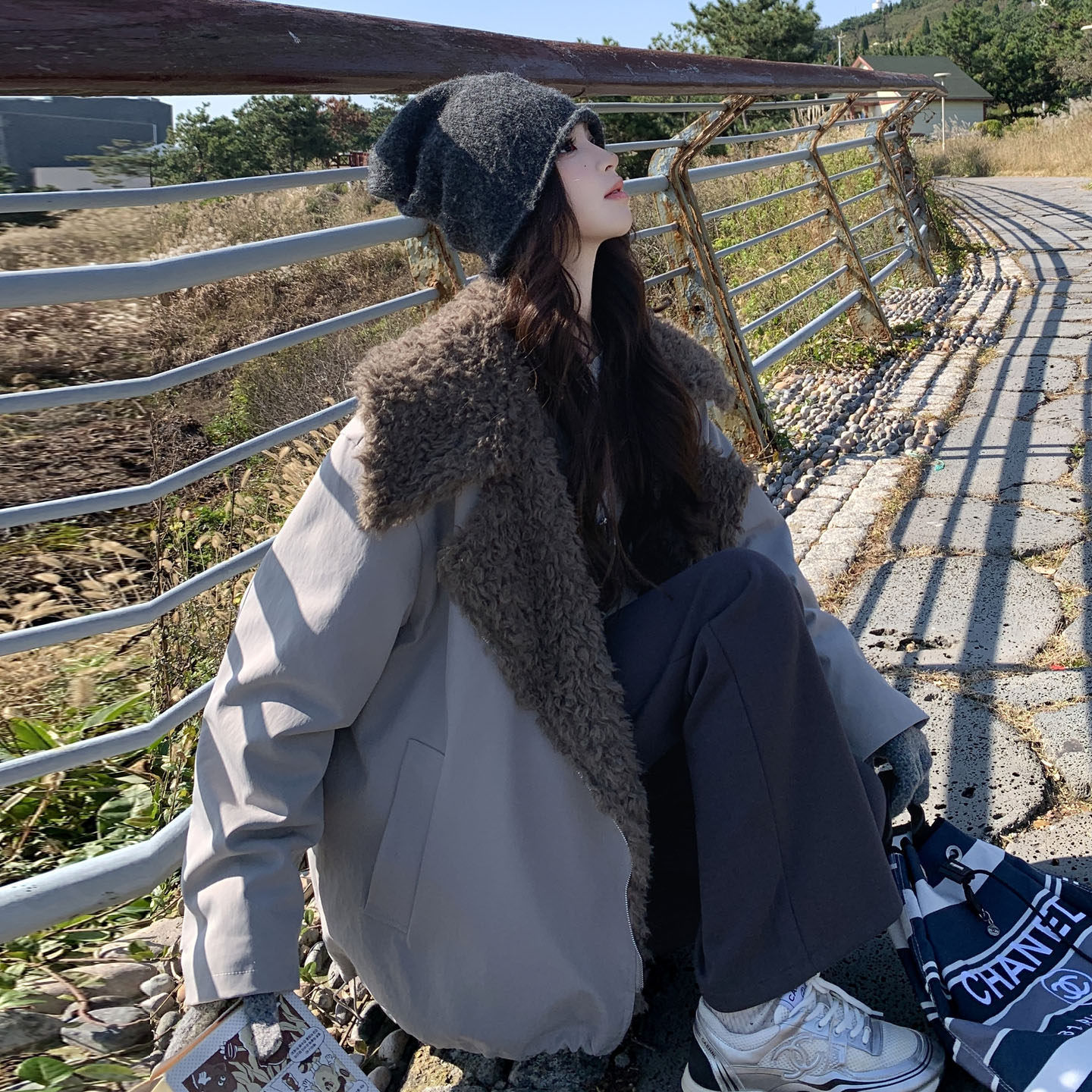 日本offcat浅灰色工装派克棉服女2025冬季新款大翻领设计感巨好看