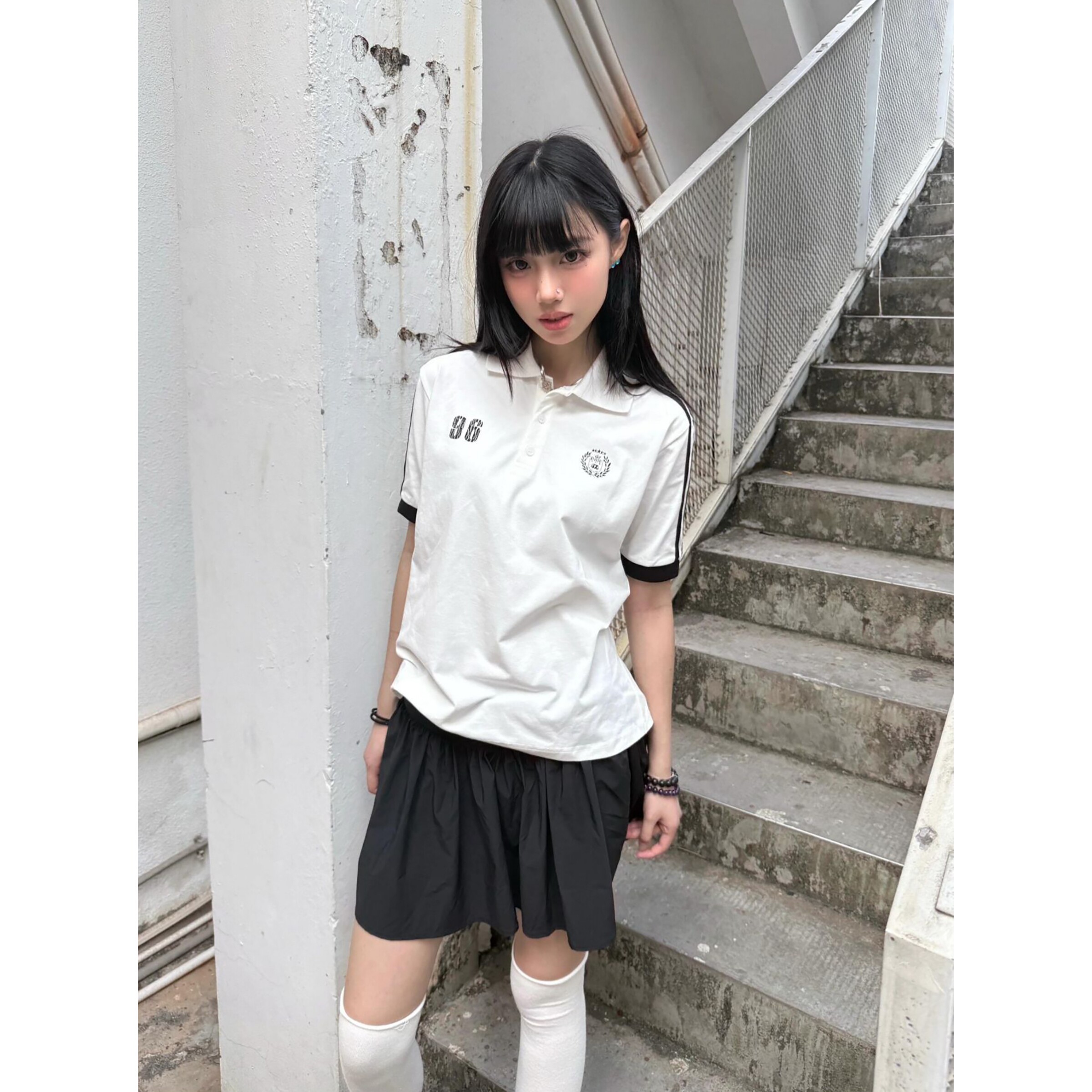 日本offcat美式复古短袖polo衫女夏翻领正肩t恤学院风修身显瘦上