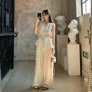 日本offcat轻熟老钱风亚麻套装女2025夏季无袖系带收腰上衣休闲阔