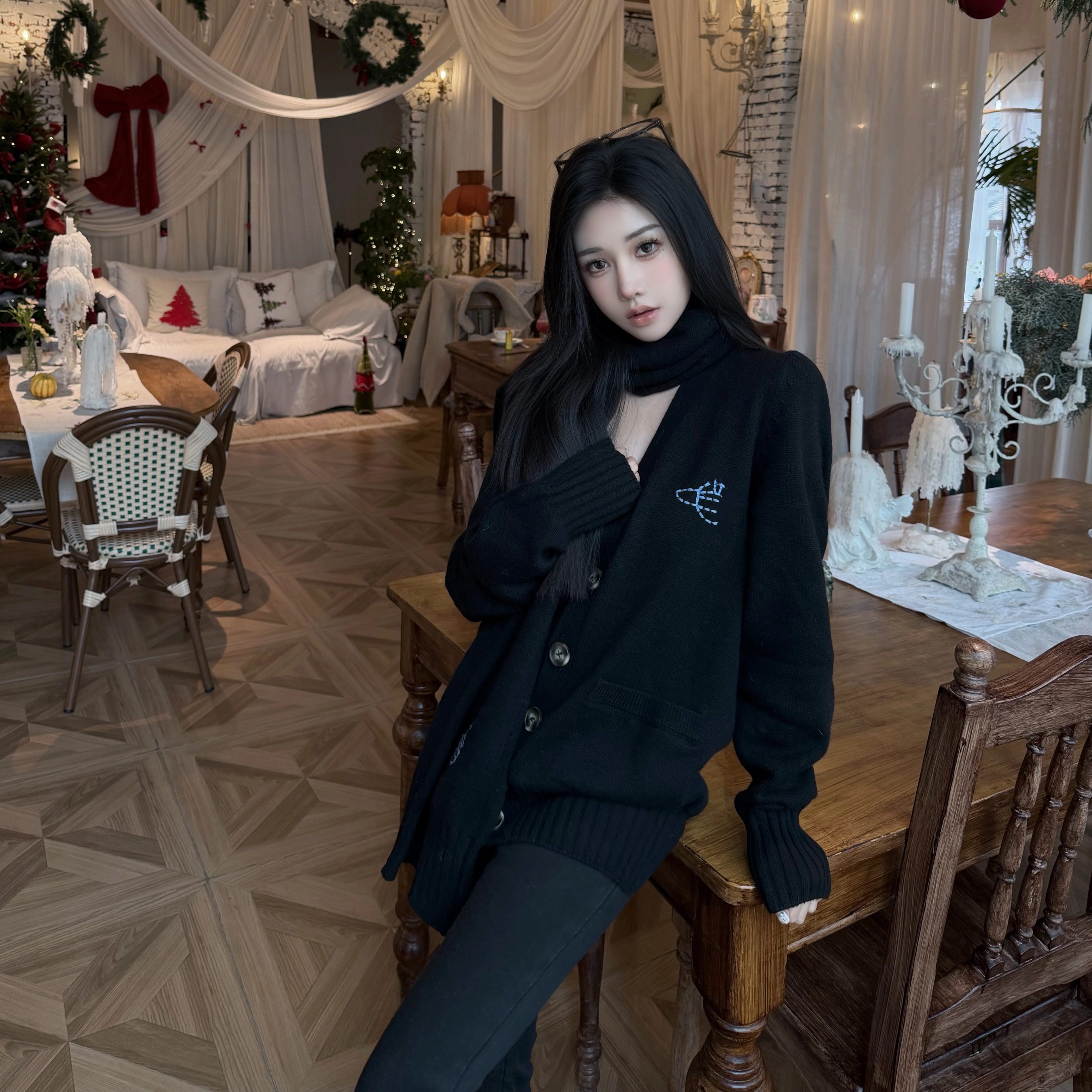 Narcos 土星刺绣V领围巾针织开衫女宽松慵懒风毛衣外套25秋