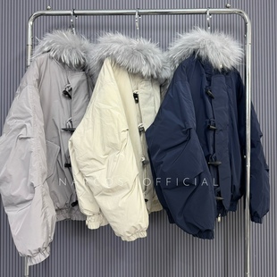 Narcos派克韩版 宽松牛角扣连帽貉子毛领白鸭绒羽绒服宽松外套女