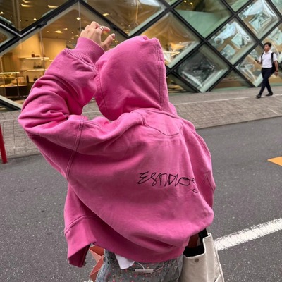 Narcos25早秋新款 火龙果色字母刺绣拉链开衫连帽卫衣女短款显腰