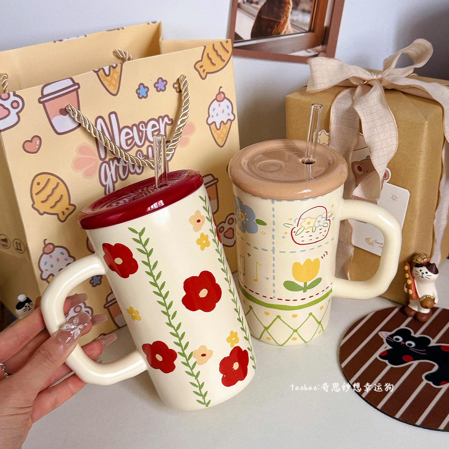新款漂亮花朵吸管杯子带手柄大容量陶瓷马克杯带盖送女生生日礼物
