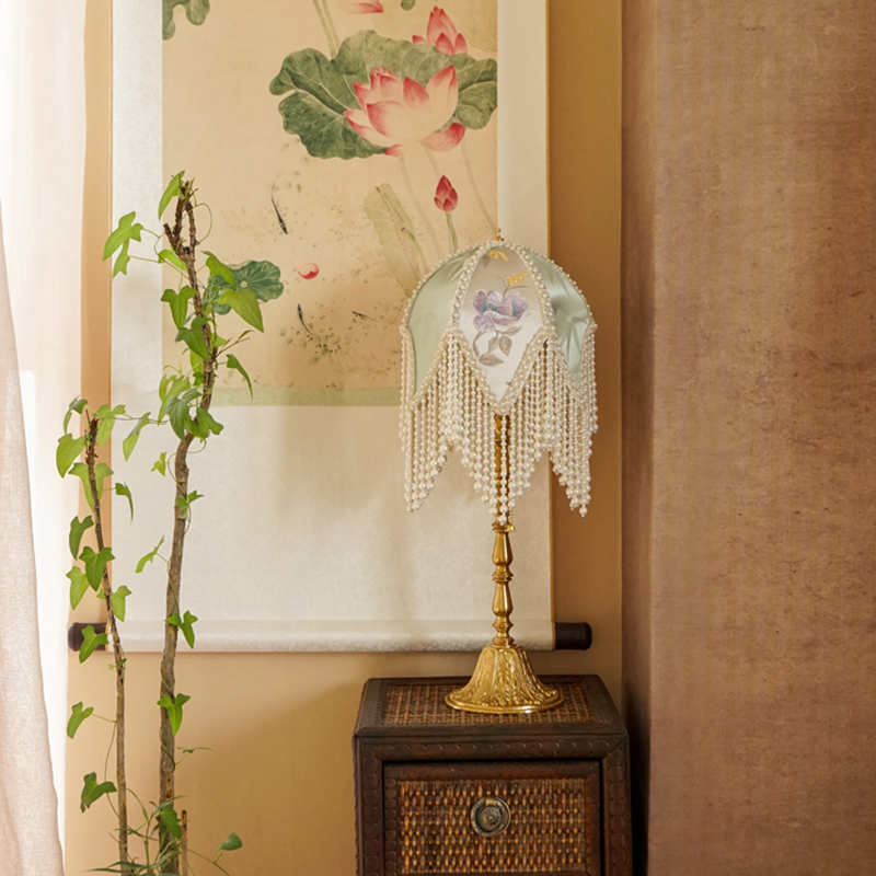 物几空间原创设计一帘幽梦系列梦莞与桃花扇复古黄铜氛围布艺台灯