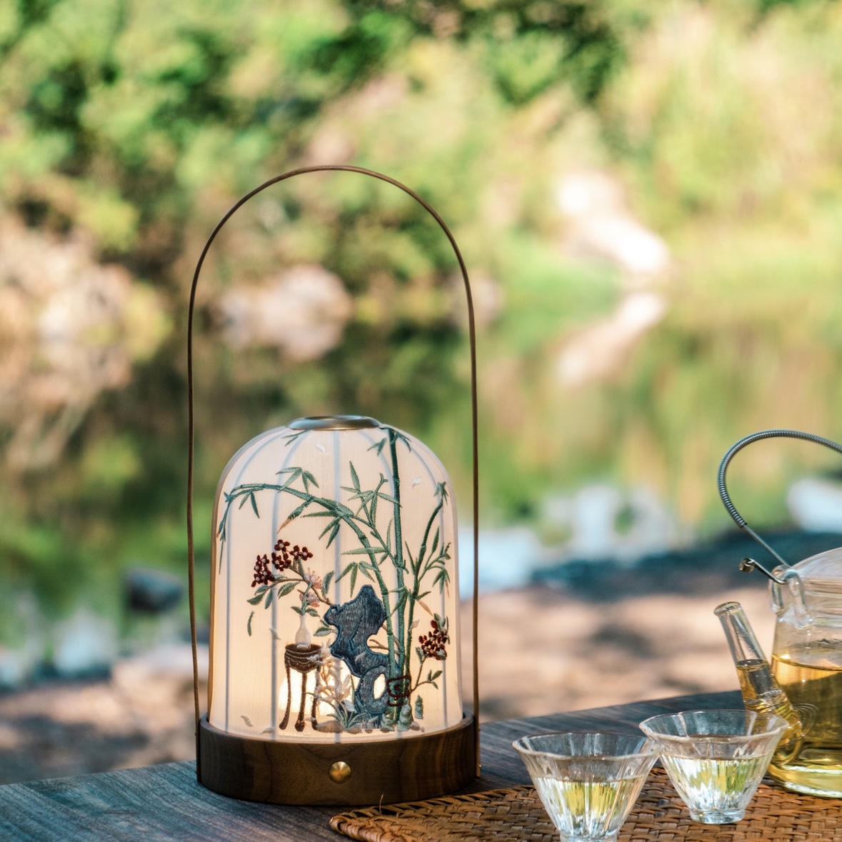 物几空间原创苏绣宋代美学《园中景梦竹》茶席书房黑胡桃木手提灯