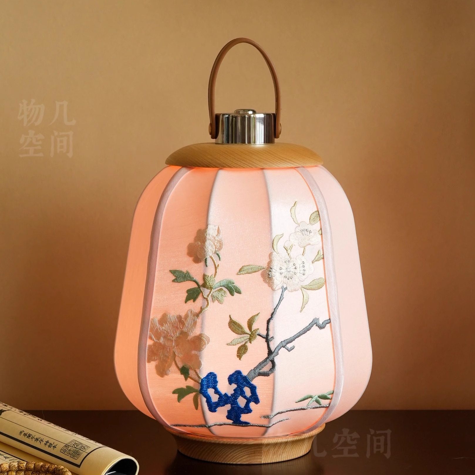 物几空间珠光芍药刺绣新中式台灯摆件触控玄关乔迁礼床头灯手提灯