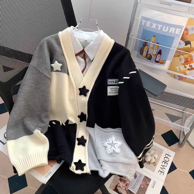 设计感小众毛衣外套女宽松慵懒风秋冬季星星拼接软糯针织开衫上衣