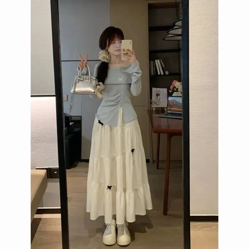 秋季穿搭套装裙子蝴蝶结法式方领甜美气质初恋半身百褶短裙两件套