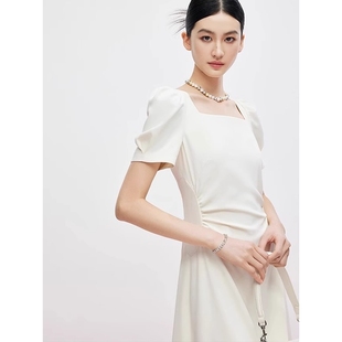 高级感收腰显瘦 日本品质法式 方领泡泡袖 褶皱茶歇连衣裙女夏季 新款