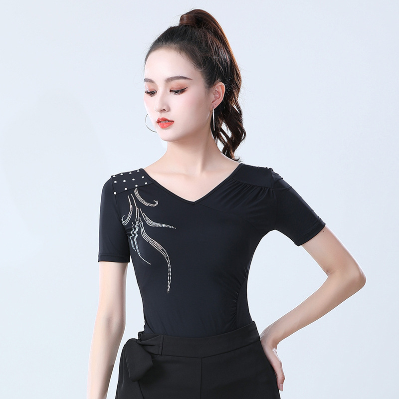 日本无印MUJIE摩登舞服装烫钻短袖上装女舞蹈国标舞练功服拉丁舞