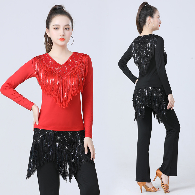 日本无印MUJIE秋冬新款广场舞服装拉丁国标舞摩登舞服吉特巴亮片