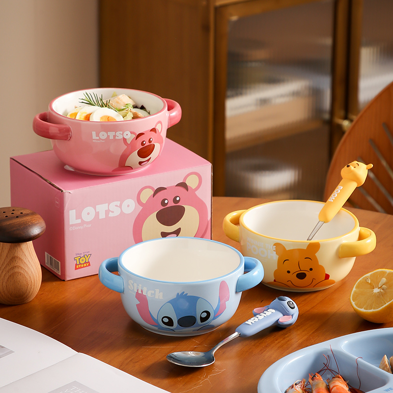 迪士尼可爱双耳陶瓷碗米饭碗带勺