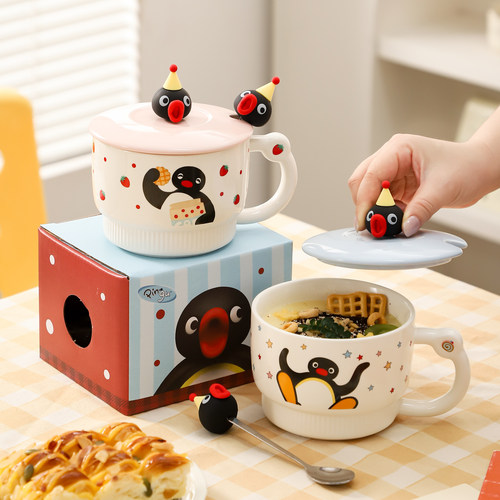 Pingu企鹅可爱带盖勺陶瓷马克杯