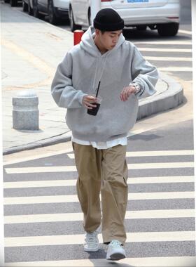 Batterup秋款情侣外套头连帽衫美式宽松纯色oversize连帽卫衣男女