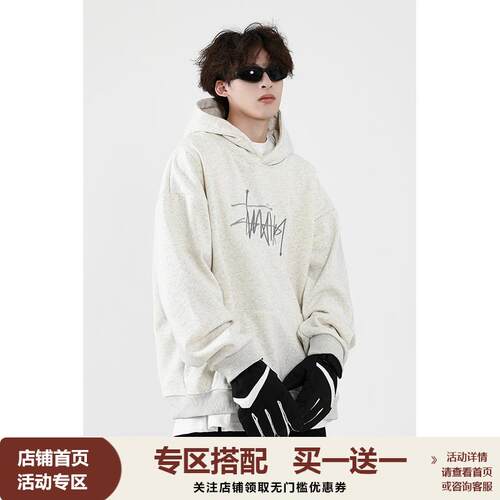 ABFR美式高街花灰色连帽卫衣男款oversize情侣潮春秋季加绒衣服