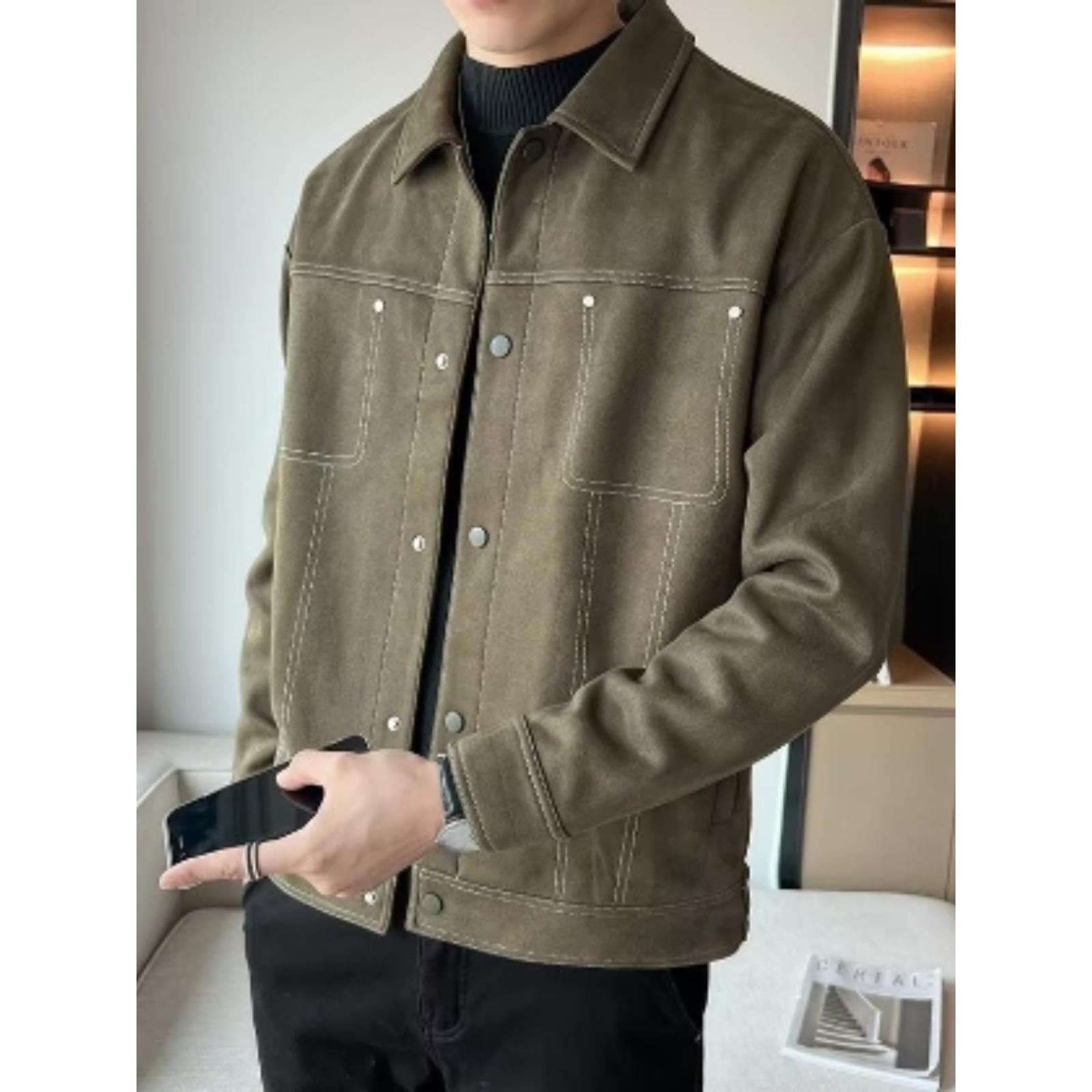 OWNR麂皮绒夹克男痞帅翻领秋冬加绒新款潮流宽松韩版休闲短款外套