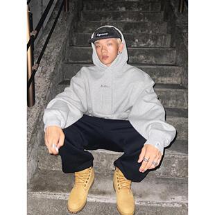 富士见 重磅硬挺灰色连帽卫衣男宽松美式休闲帽衫外套加厚ins潮牌