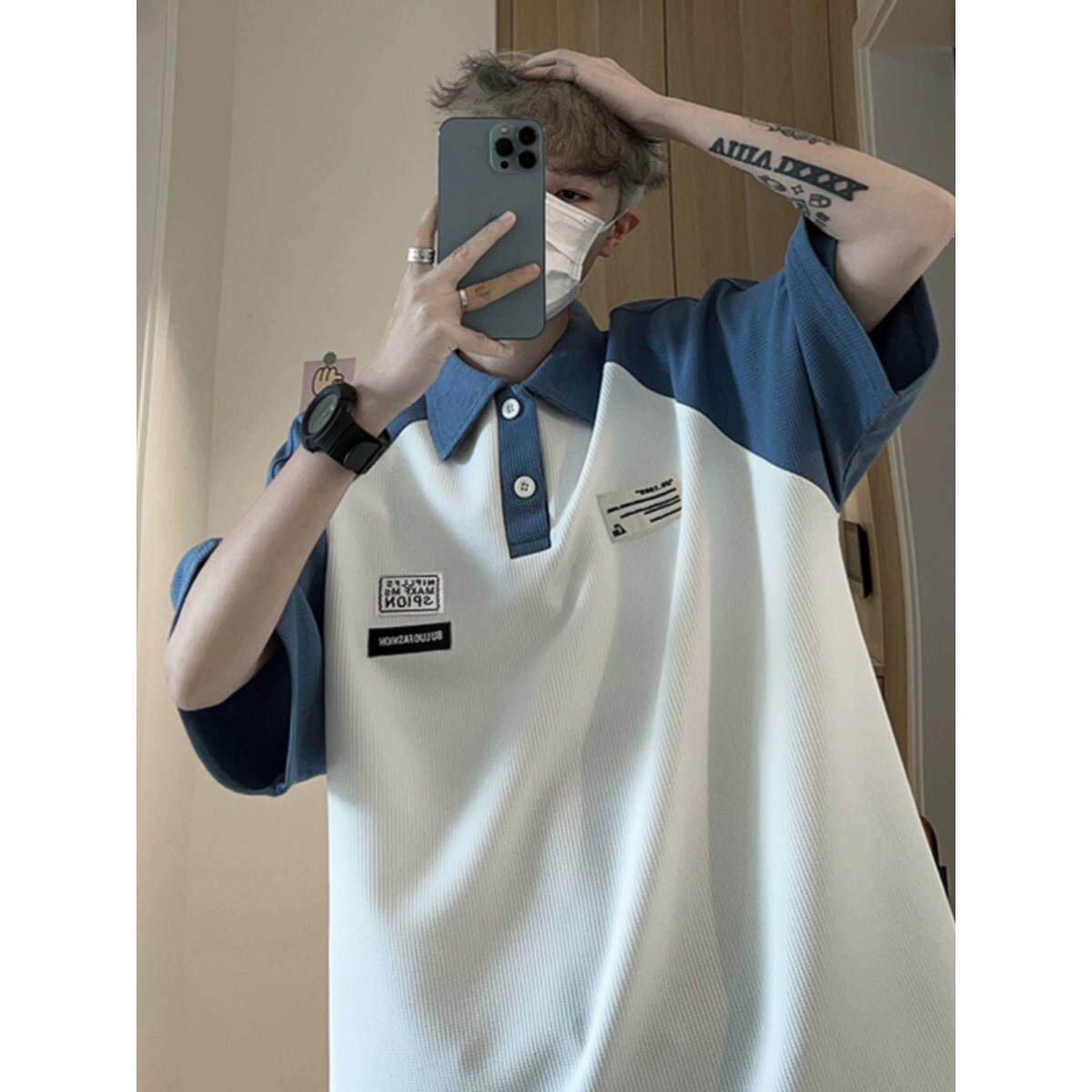 撞色Polo衫短袖男美式重磅t恤夏季时尚潮牌宽松百搭休闲翻领上衣