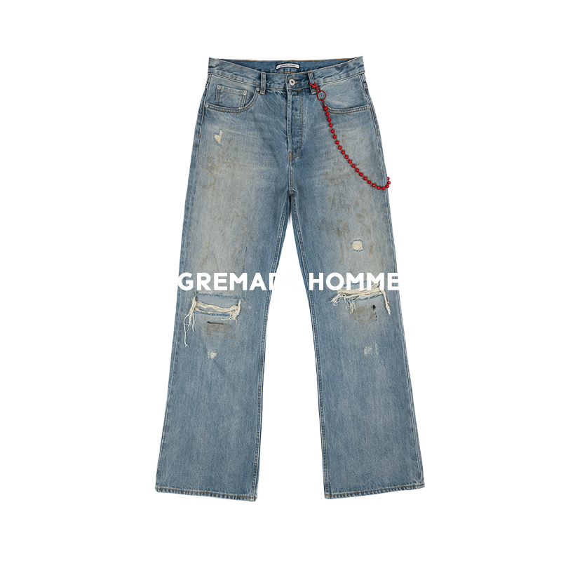 GREMADE 2021M版型泥染膝盖破坏洗水宽松直筒微喇牛仔裤