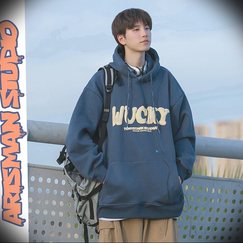 港仔文艺男 重磅藏青色发泡连帽卫衣男春秋2025新款男款男生外套