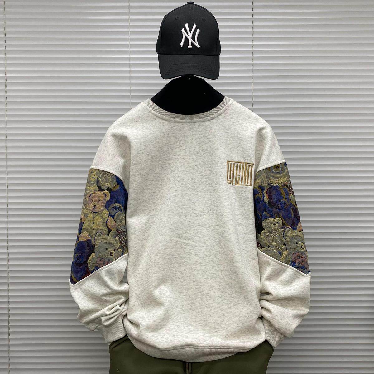 oversize加绒刺绣卫衣男士秋冬季装大码青少年休闲无帽内搭上衣服