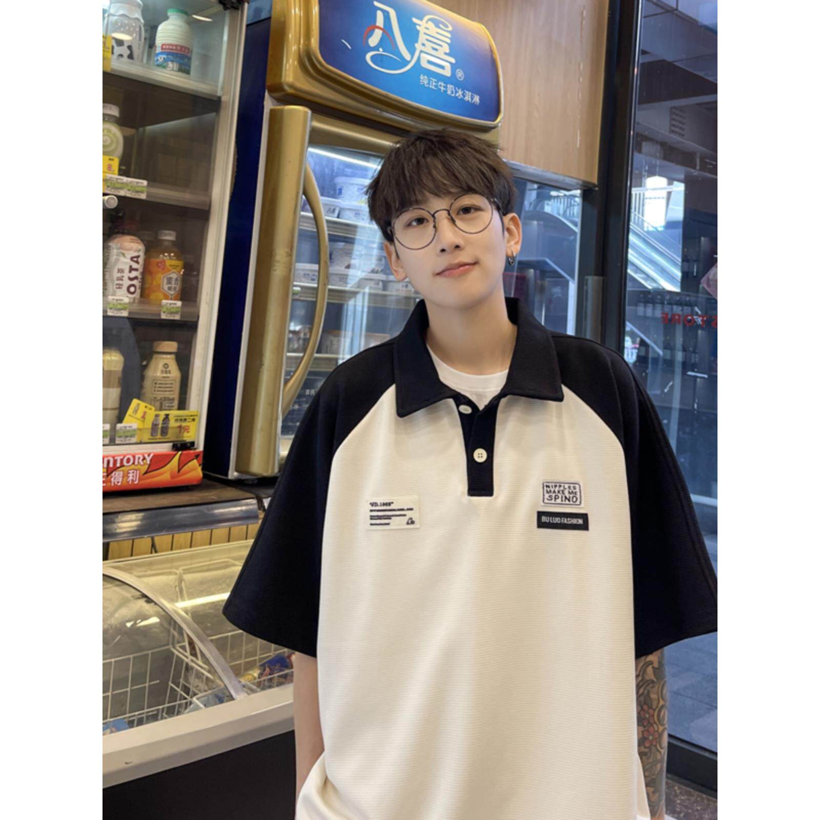 撞色polo衫短袖男美式复古重磅t恤夏季新款ins时尚潮牌五分袖上衣