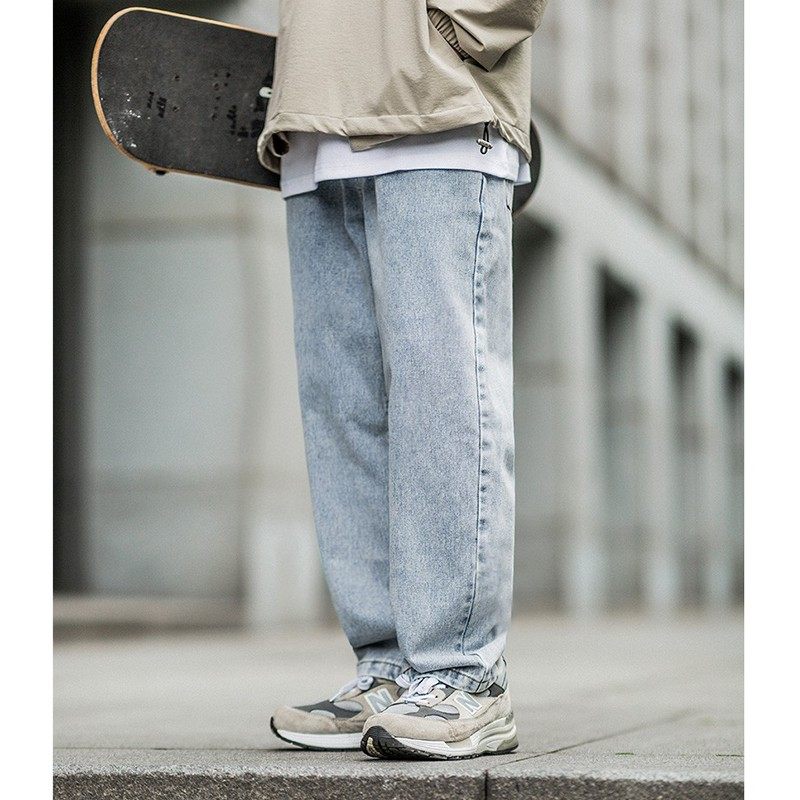 嘿马七作日系复古春秋男女浅蓝色水洗休闲直筒宽松牛仔长裤子潮牌