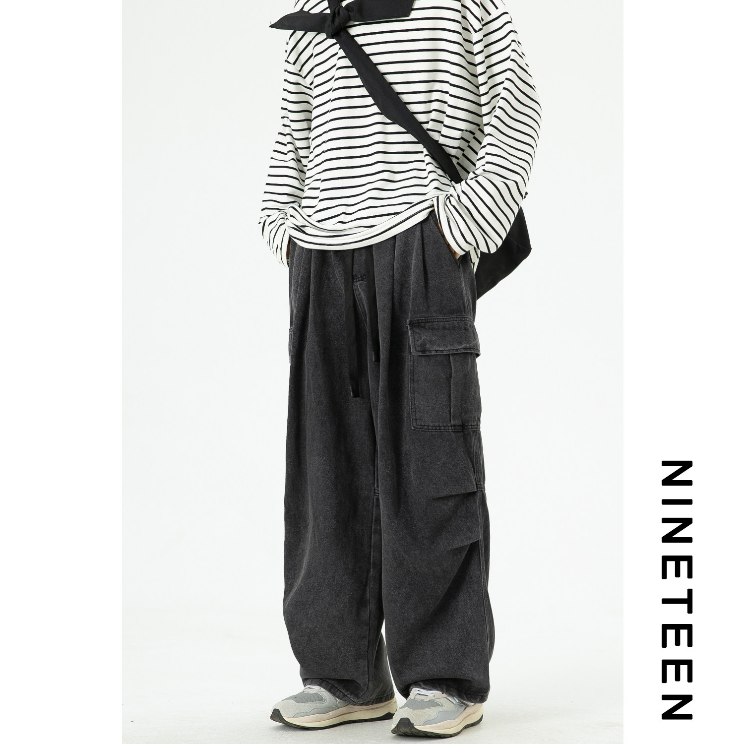 B 23秋季新款做旧水洗港风牛仔阔腿裤宽松工装休闲长裤男生