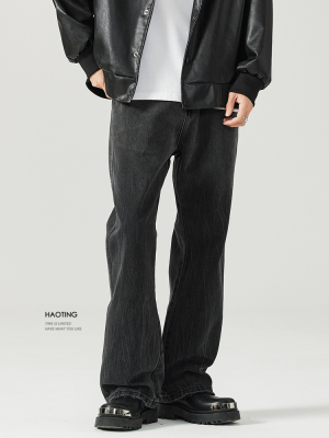 豪霆 微喇叭黑色牛仔裤男秋冬季加绒磨毛渐变水洗宽松直筒阔腿裤