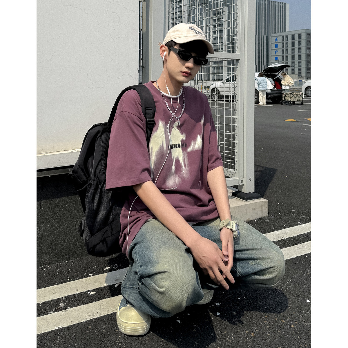 方少男夏季潮牌涂鸦印花纯棉短袖T恤女宽松情侣高街半袖体恤潮TEE