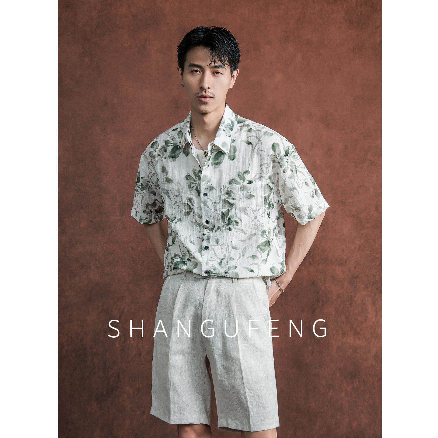 SHANGUFENG夏季高定碎花短袖衬衫男痞帅亚麻混纺度假休闲半袖衬衣