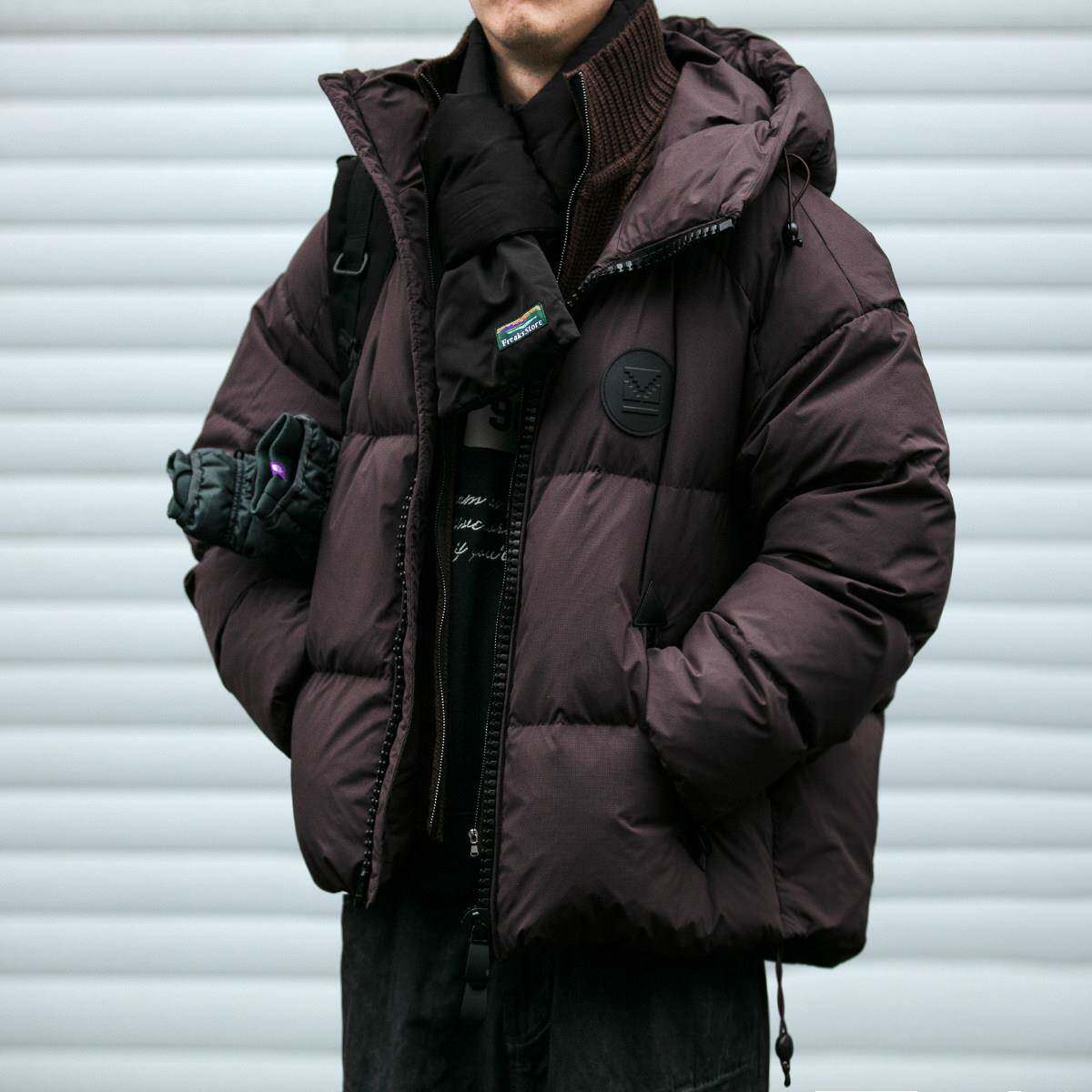 可脱卸假两件毛线领泡芙感羽绒服男冬季潮牌宽松加厚暗格纹外套潮