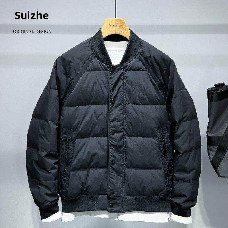 短款棒球领冬季羽绒服男简约纯色厚款冬装外套修身时尚男装夹克潮