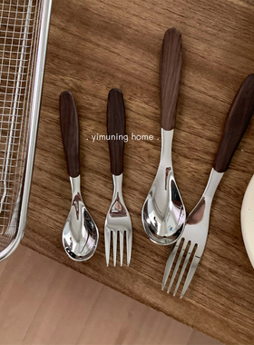 一木宁 18/10不锈钢儿童餐具木纹手柄餐勺宝宝辅食勺吃饭甜品勺子