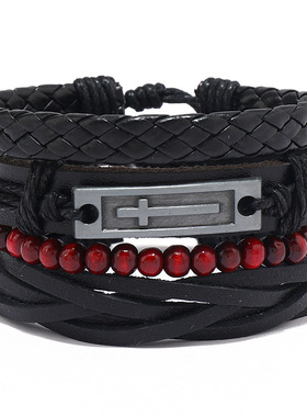 跨境热销饰品简约手工编织十字架皮革手链创意diy4件套组合手镯