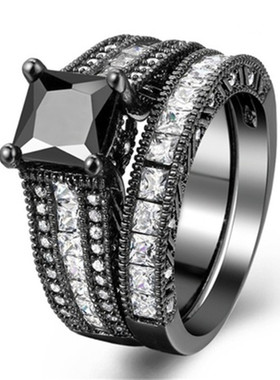 健杰 欧美跨境热销2件套镶黑色锆石女式时尚唯美创意个性戒指饰品