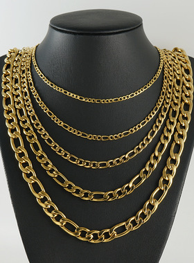 欧美不锈钢费加罗链个性嘻哈男士项链金色钛钢3:1nk粗细链