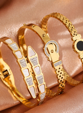 跨境时尚百搭手镯镶嵌锆石小众感轻奢气质不锈钢镀金手环饰品