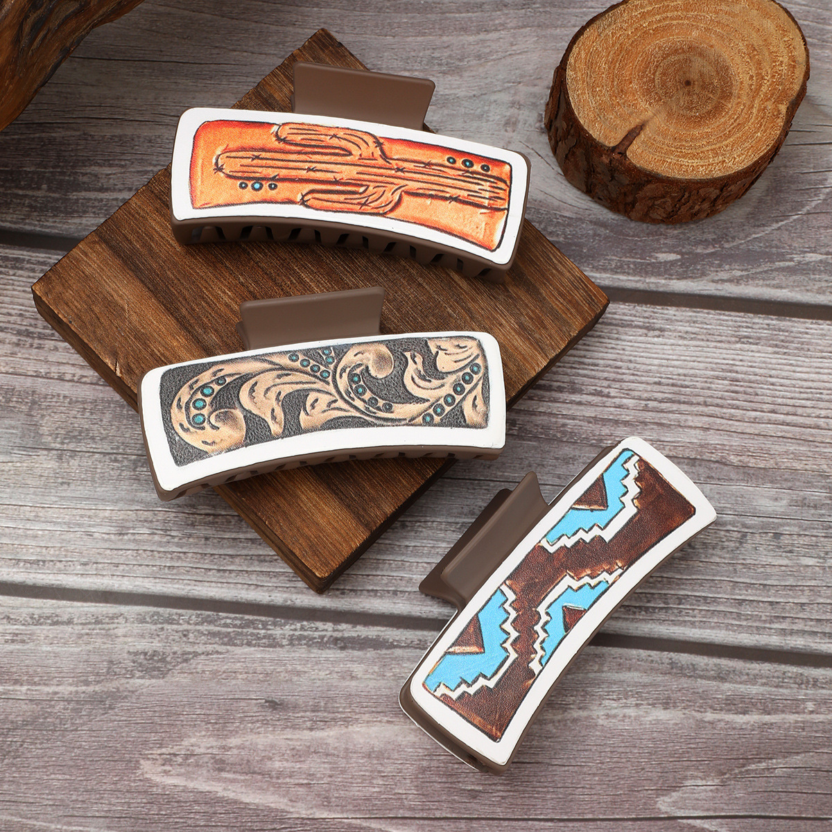 跨境西部牛仔风仙人掌皮革发夹女士鲨鱼夹抓夹亚马逊速卖通