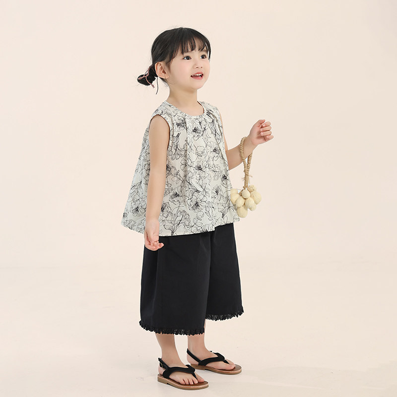 女童夏装套装2025新款韩版儿童中小童无袖上衣阔腿七分裤两件套