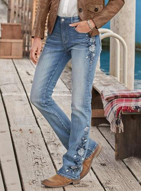 现货2024跨境新女装牛仔裤亚马逊绣花简约百搭裤中腰春款弹力半身