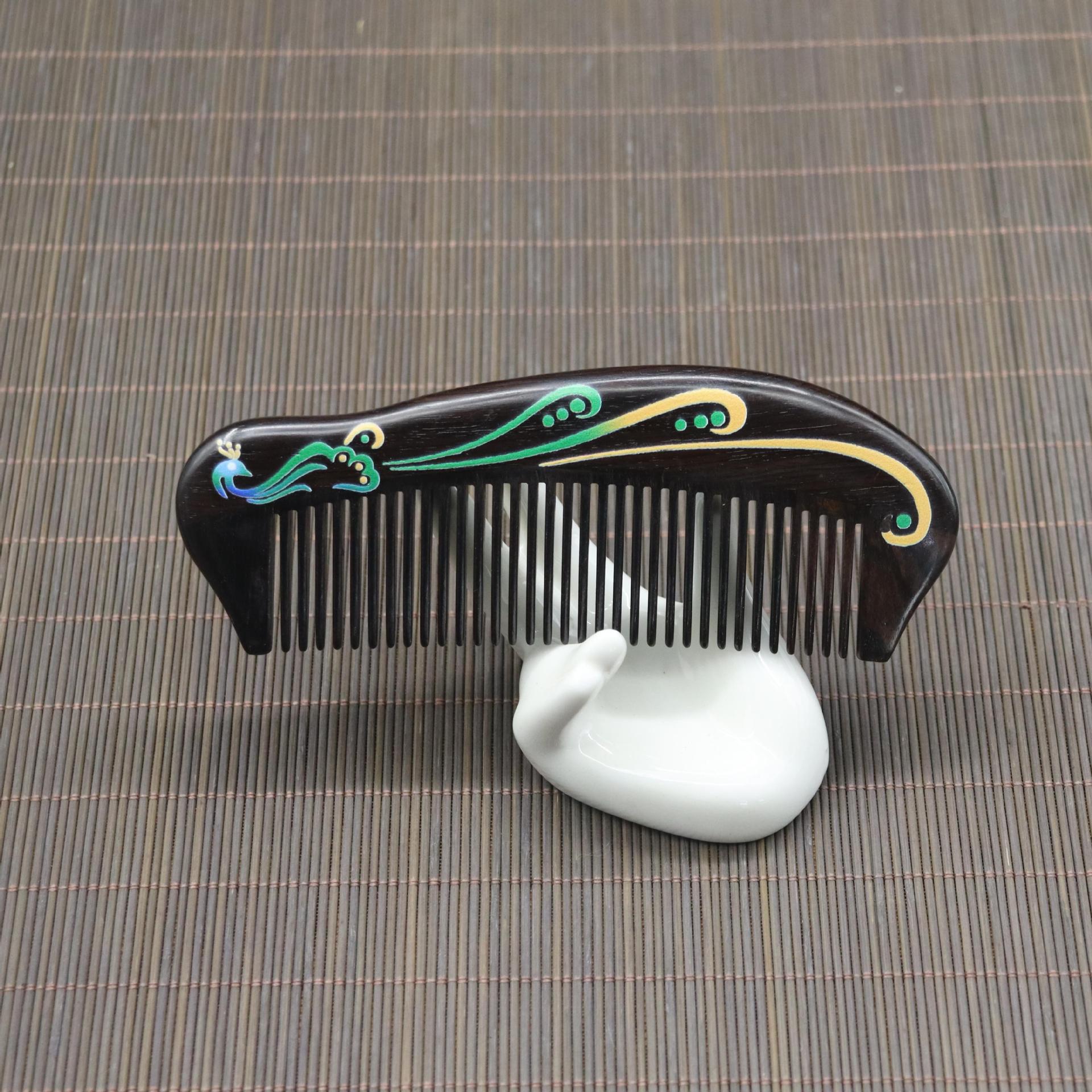 日本品质木匠同款紫光檀木梳子传统彩绘孔雀榫卯拼接工艺梳商务礼