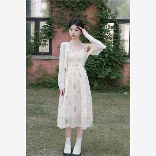 夏季 碎花吊带连衣裙收腰长裙气质吊带裙女 新款 森系甜美小清新法式