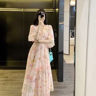 碎花连衣裙女2025年春夏新款 法式 雪纺印花甜美收腰显瘦v领中长裙