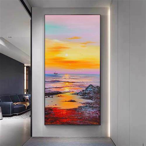 旭日东升纯手绘简约现代海边日出风景油画客厅玄关走廊挂画装饰画