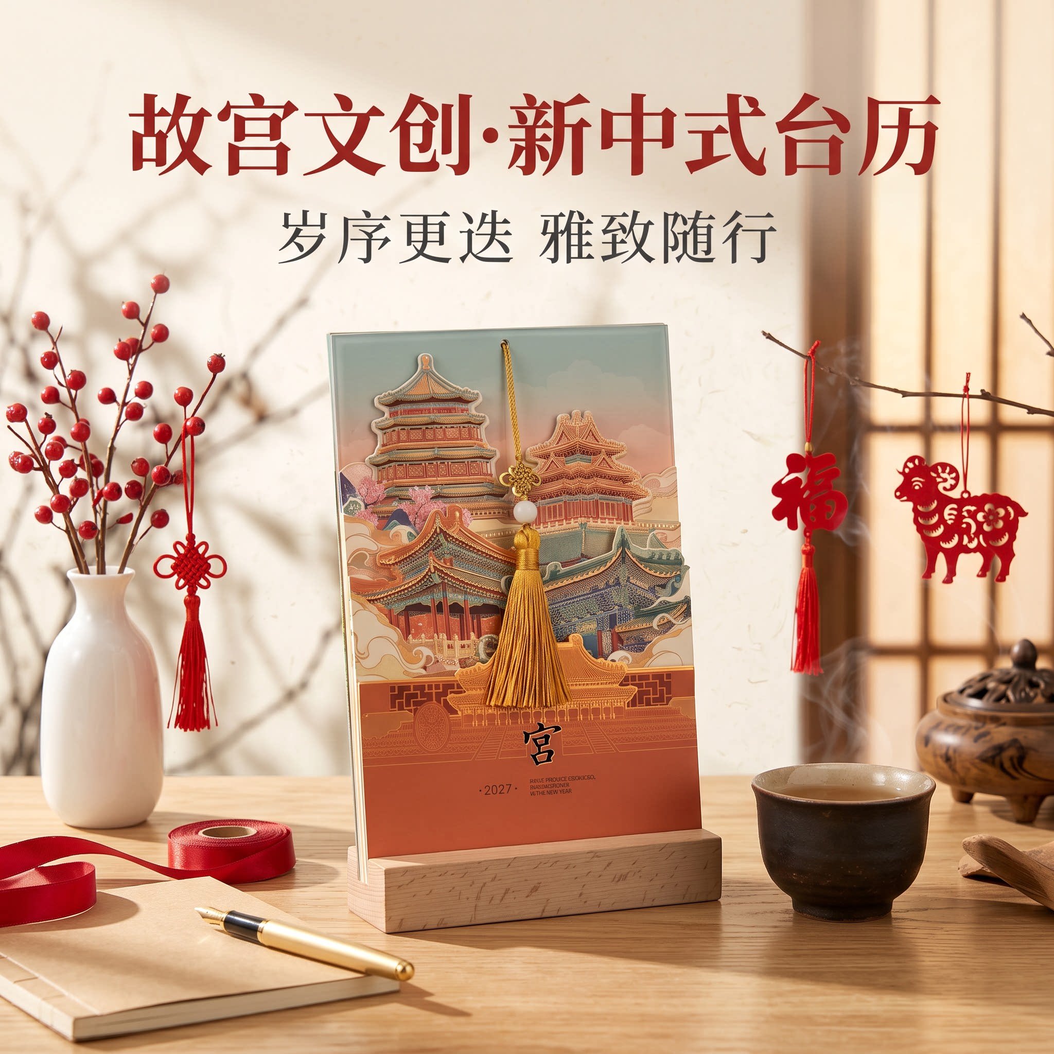 2027年台历创意立体纸雕日历实木榉木工艺摆件摆台办公桌书房客厅装饰新年礼物公司企业商务定制原创简约复古